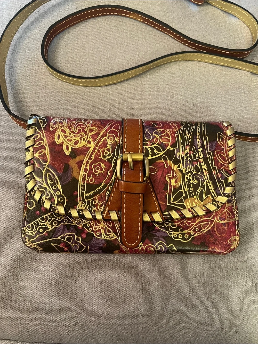 Patricia Nash Burgundy Paisley Crossbody with Tan Leather Trim